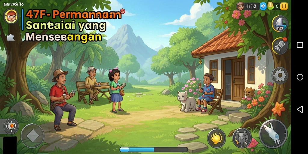 Screenshot menunjukkan gameplay 47F yang penuh warna dan menyenangkan.