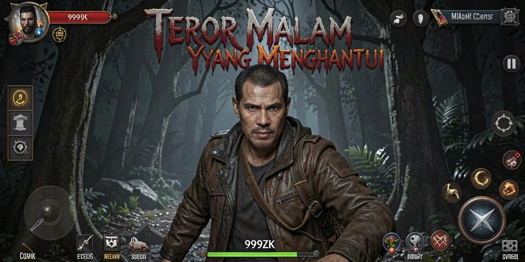 Screenshot gameplay <strong>999ZK</strong> yang mencekam menampilkan suasana gelap dan teror yang mengintai.