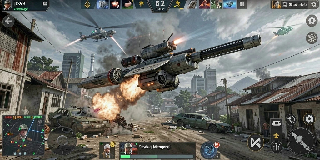 Screenshot dari gameplay DS99 yang menampilkan strategi pertempuran.