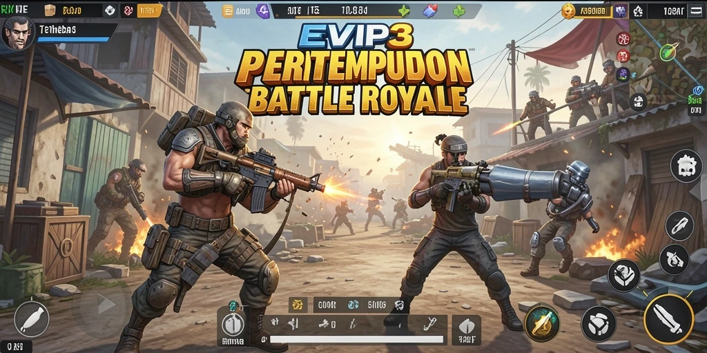 Tampilan gameplay seru di EVIP3 saat bertarung di medan perang Battle Royale.
