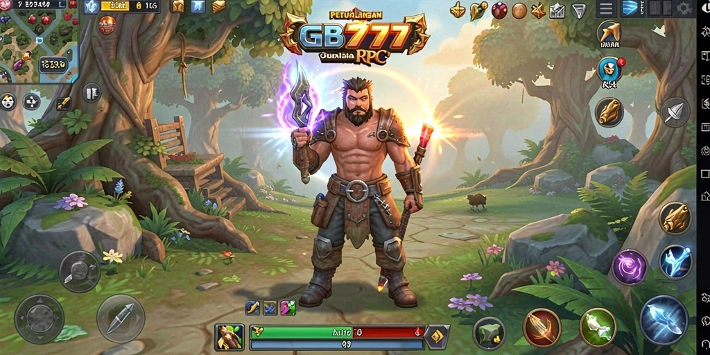 Screenshot utama GB777 menampilkan karakter sedang bertarung di medan perang RPG.