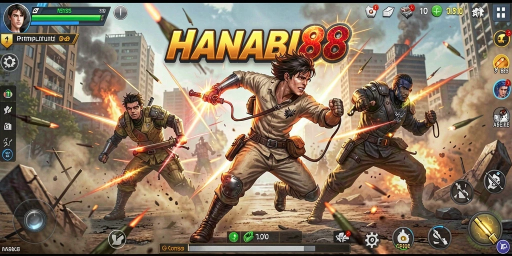 Screenshot gameplay HANABI88 menampilkan aksi pertempuran yang intens.