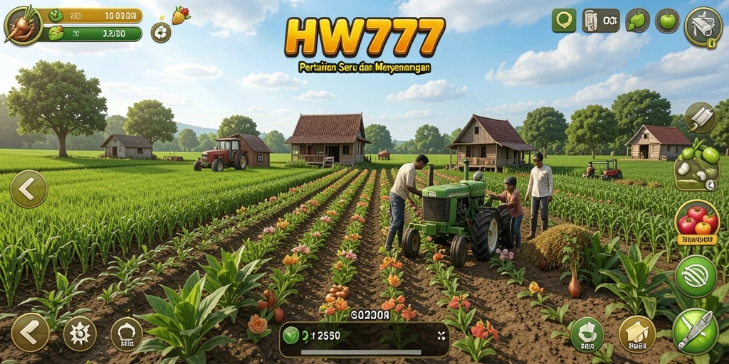 Tangkapan layar gameplay HW777 menampilkan aktivitas bertani yang seru dan interaksi antar pemain.