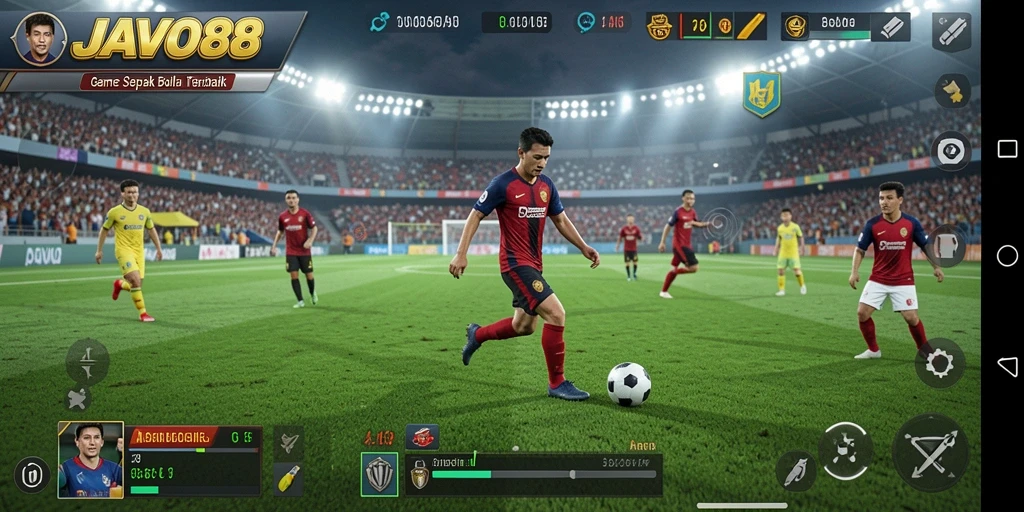 Screenshot gameplay JAVO88 menampilkan aksi seru dalam pertandingan sepak bola.