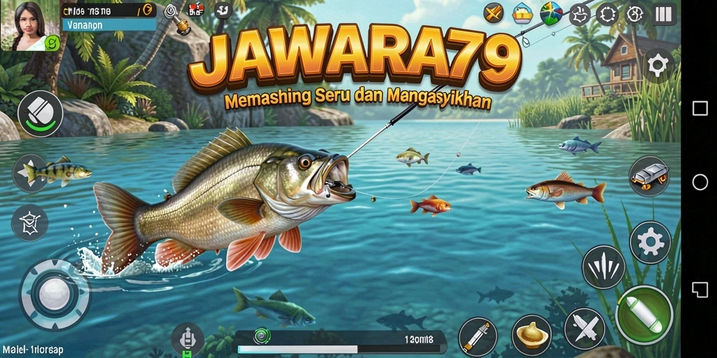 Screenshot gameplay JAWARA79 menampilkan aksi memancing yang seru dan menegangkan.