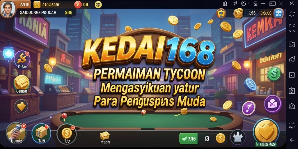 Tampilan menarik gameplay Tycoon KEDAI168 di mana Anda mengelola bisnis.