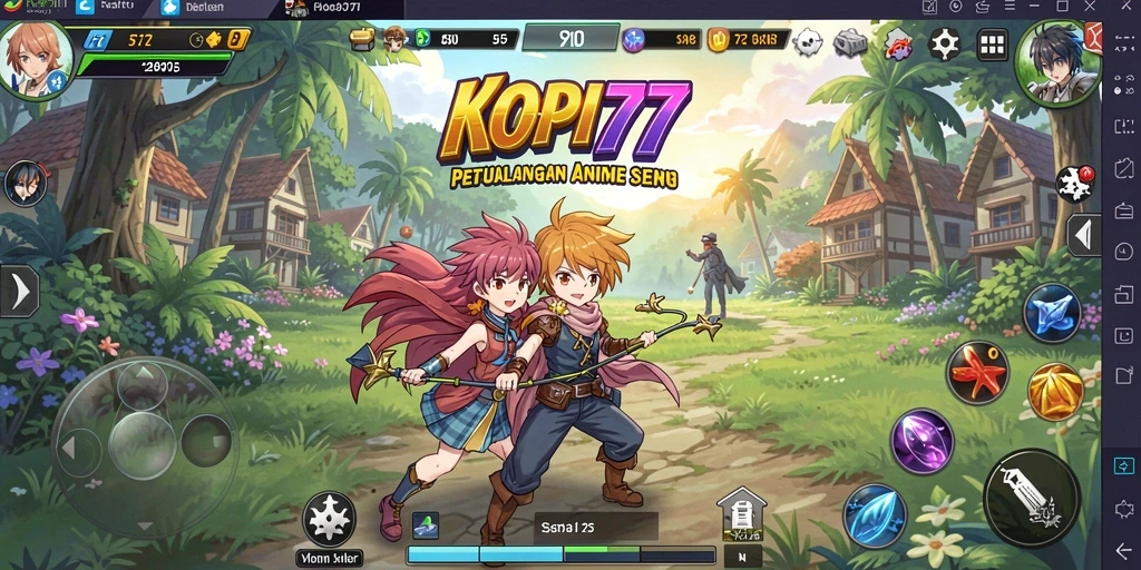 Screenshot utama KOPI77 menampilkan karakter Anime dalam aksi pertarungan.