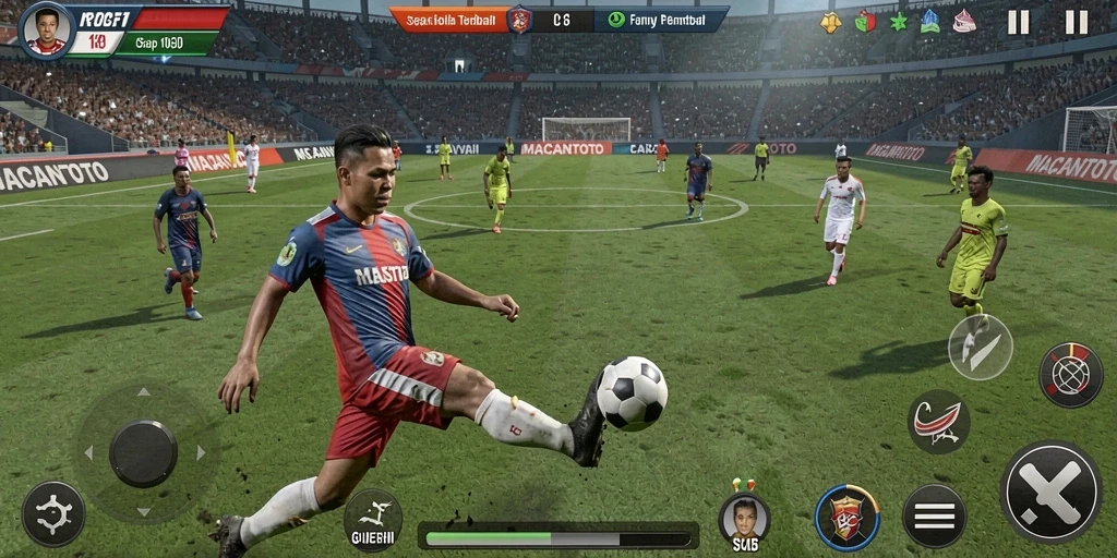Tampilan gameplay yang seru di MACANTOTO dengan aksi sepak bola nyata.
