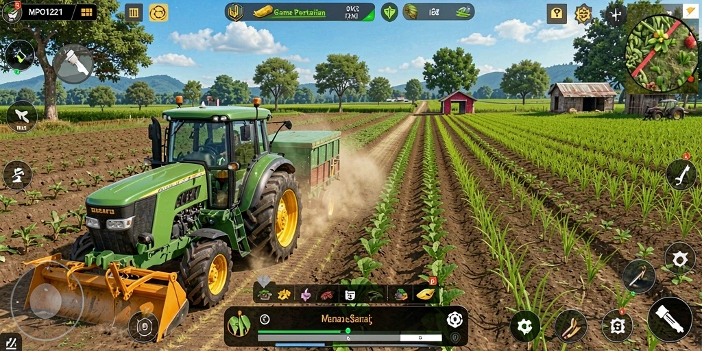 Tampilan gameplay seru dari MPO1221 yang menunjukkan ladang pertanian.