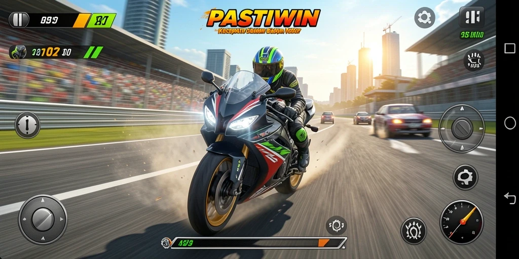 Gameplay seru PASTIWIN menunjukkan balapan motor yang mendebarkan.