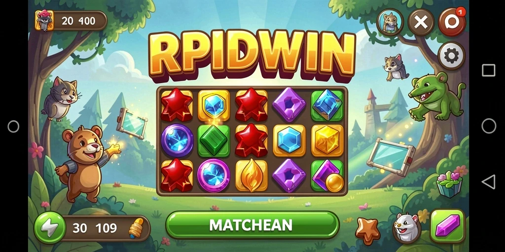 Gameplay Match-3 yang seru dengan grafis cerah.