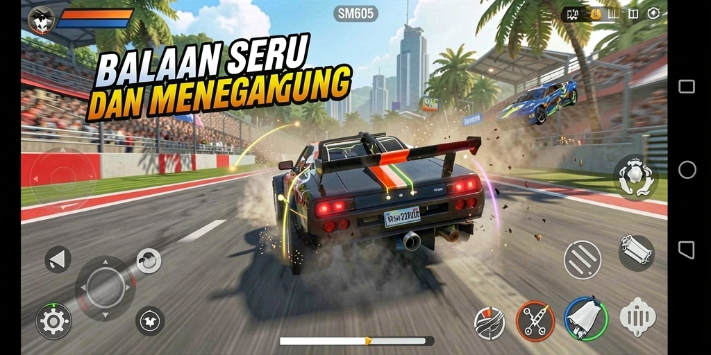 Tampilan gameplay SM605 yang penuh aksi balapan seru.